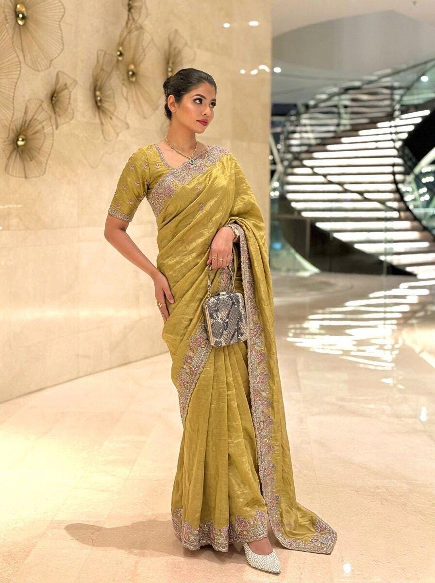 Soft Tissue Chiffon Silk Saree with Zarkan Embroidery | Designer Wedding Party Wear Blouse