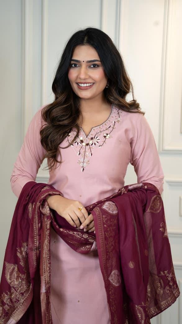 Light Pink Roman Silk Suit Set, Handwork Jacquard Dupatta, Festive Ethnic Wear