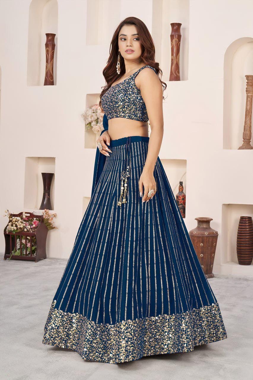 Navy Blue Georgette Lehenga Choli Set | Zari Sequins Embroidery, A-Line (Semi-Stitched)