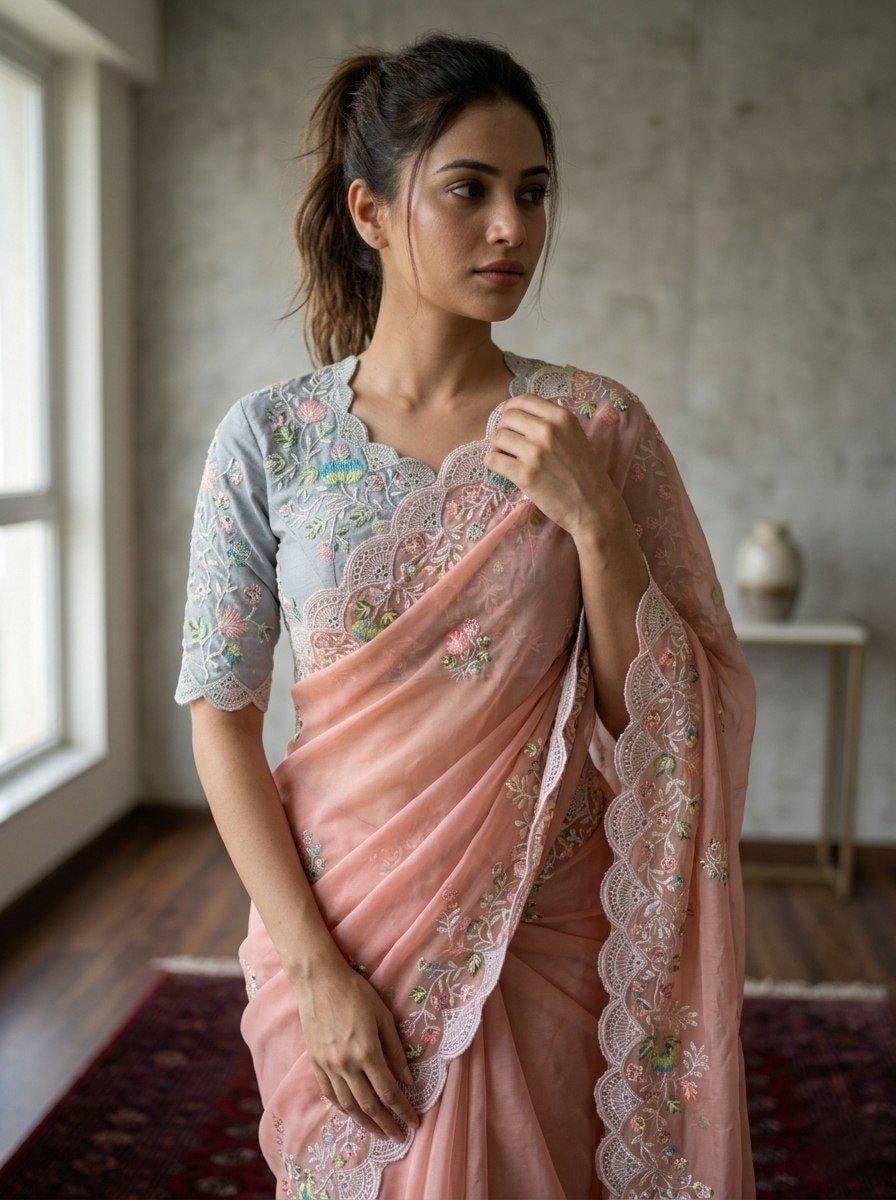 Fox Georgette Embroidered Saree with White Coding & Cutwork Border