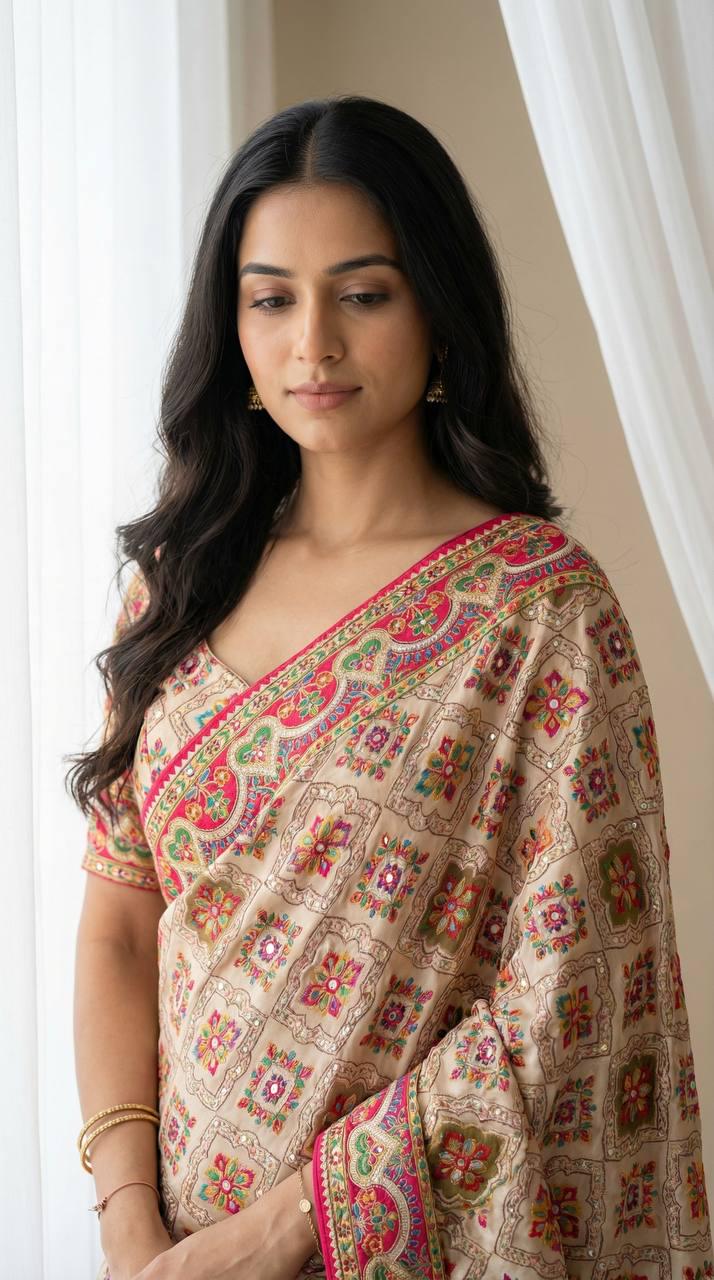 Roman Silk Ajrakh Saree, Real Mirror Work, Festive Wedding Wear, Ethnic Designer Sari