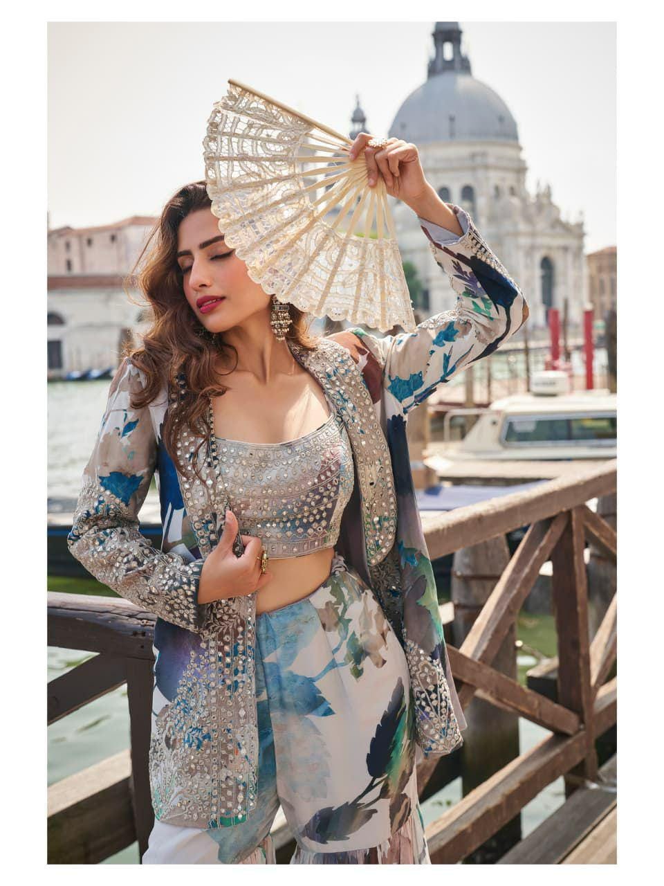 Elnaaz Chinon Silk Gharara Set, Hand Mirror Work Ethnic Outfit, XL Stitched Party Wear