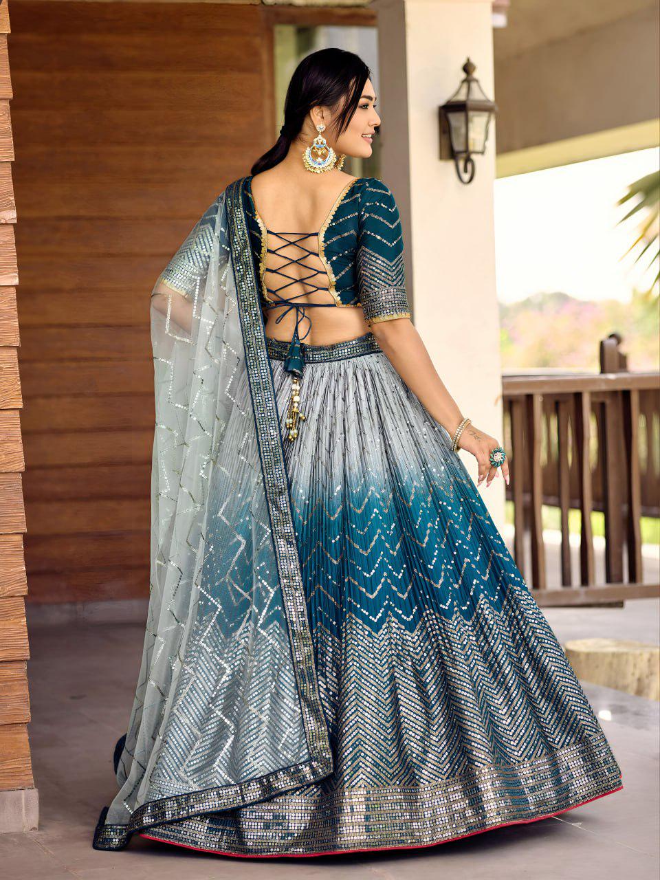 Teal Chinnon Lehenga Choli Set | Embroidered Wedding A-Line Lehenga with Net Dupatta