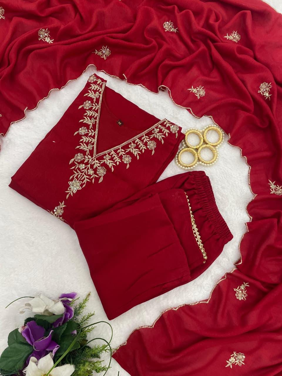 Vichitra Silk Embroidered Kurti Pant Set with Dupatta, Festive Ethnic Wear (M-3XL)