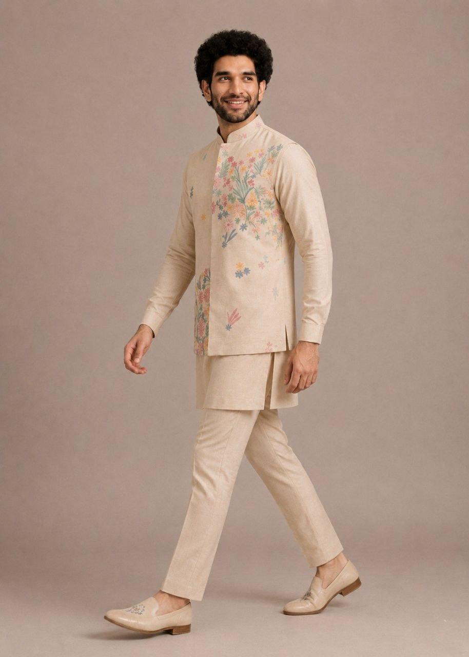 Men's Roman Silk Kurta Pant Set with Embroidered Koti | Festive Ethnic Outfit