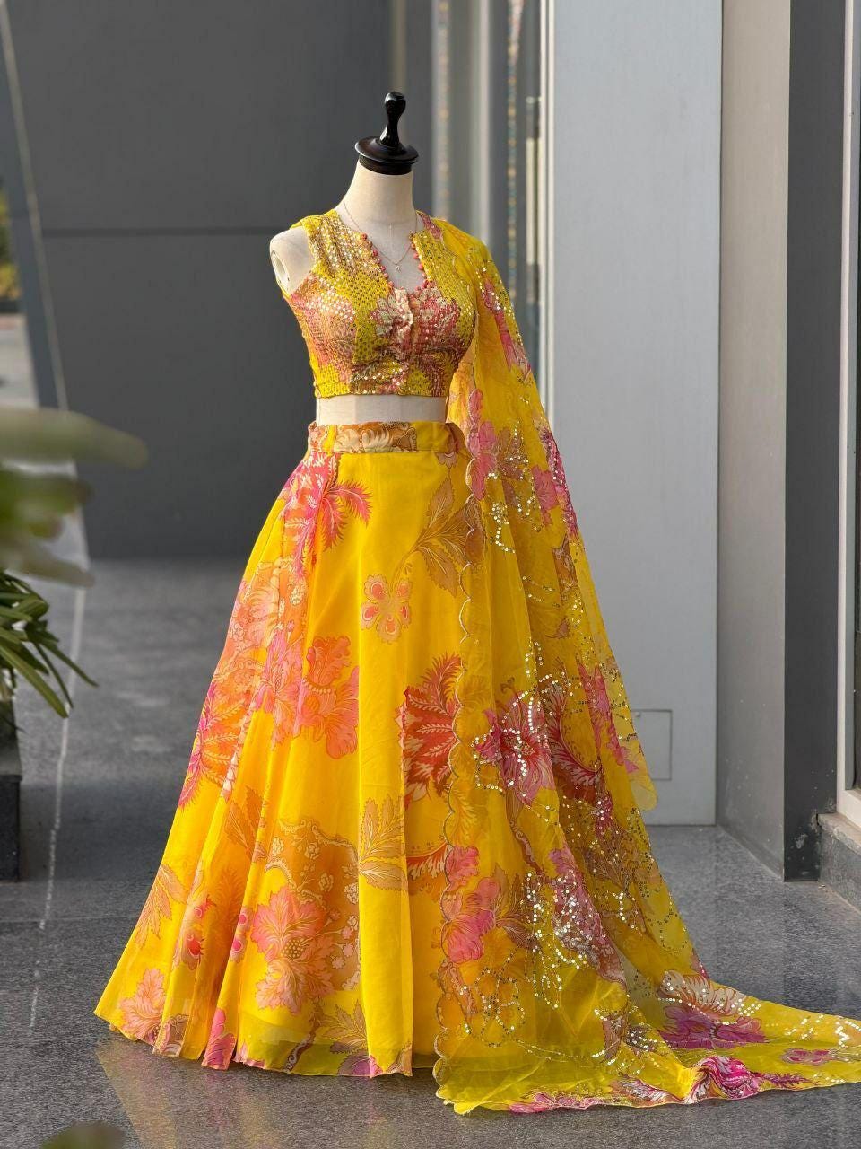 Pure Organza Lehenga Choli Set | Digital Print, Sequin Embroidery, 8 Meter Flair