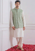 Men's Roman Silk Kurta Pajama Set with Embroidered Koti, Festive Ethnic Wear
