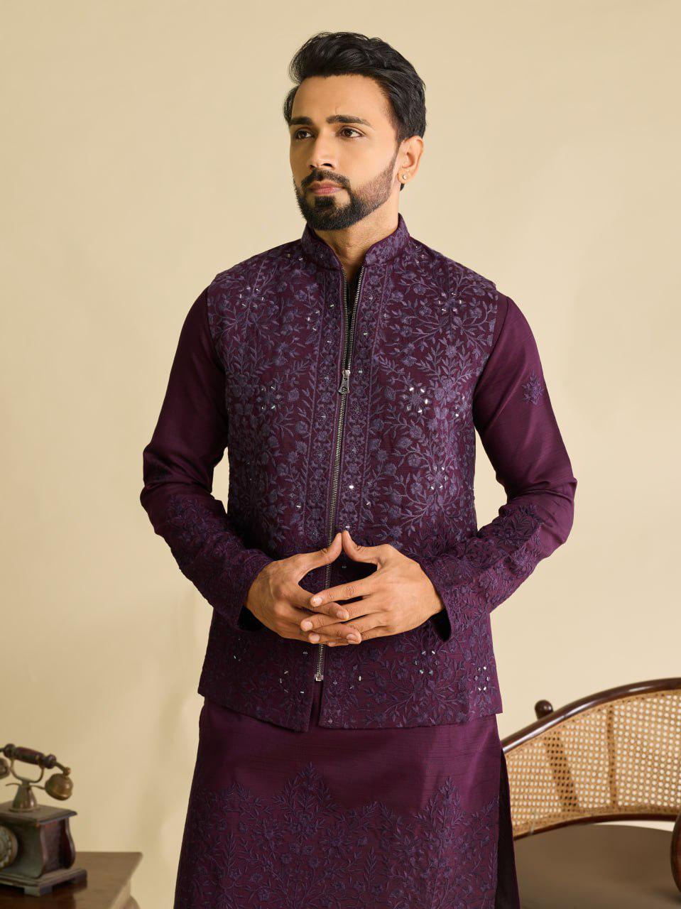 Art Silk Kurta Koti Set | Real Mirror Multi Thread Embroidery Wedding Outfit