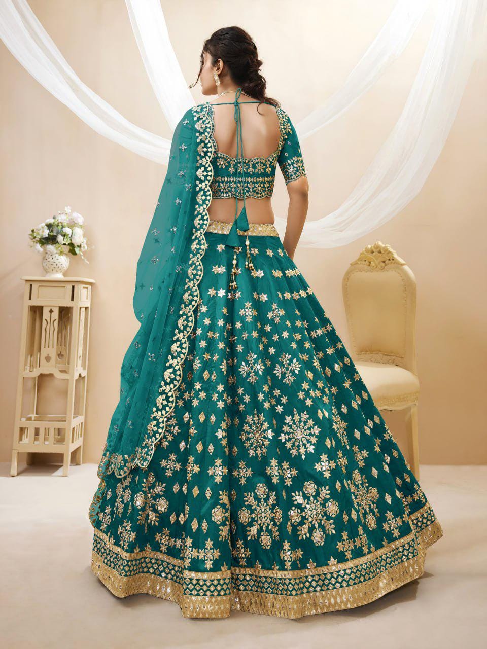 Green Art Silk Lehenga Choli Set, Foil Zari Sequins Embroidery, Semi-Stitched Wedding Dupatta