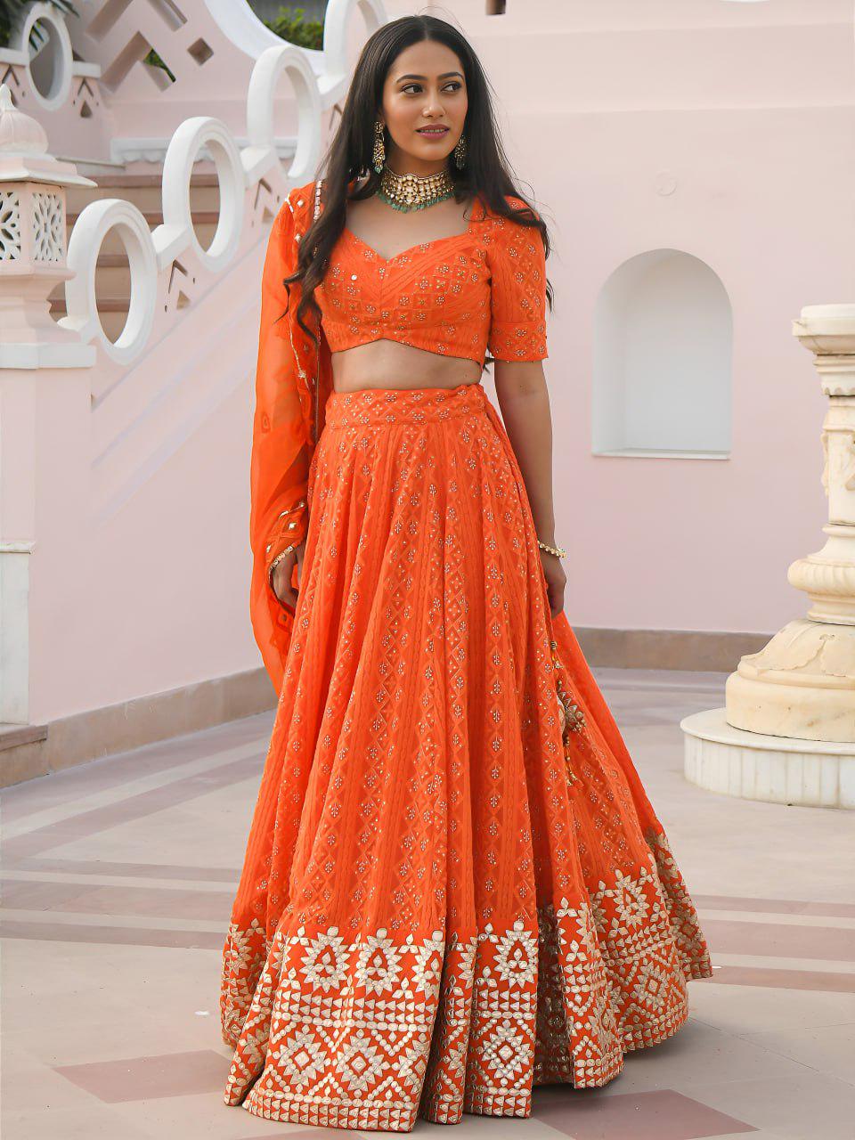 Orange Georgette Lehenga Choli Set | Embroidered Gottapatti, Sequins | Semi-Stitched Outfit, Organza Dupatta