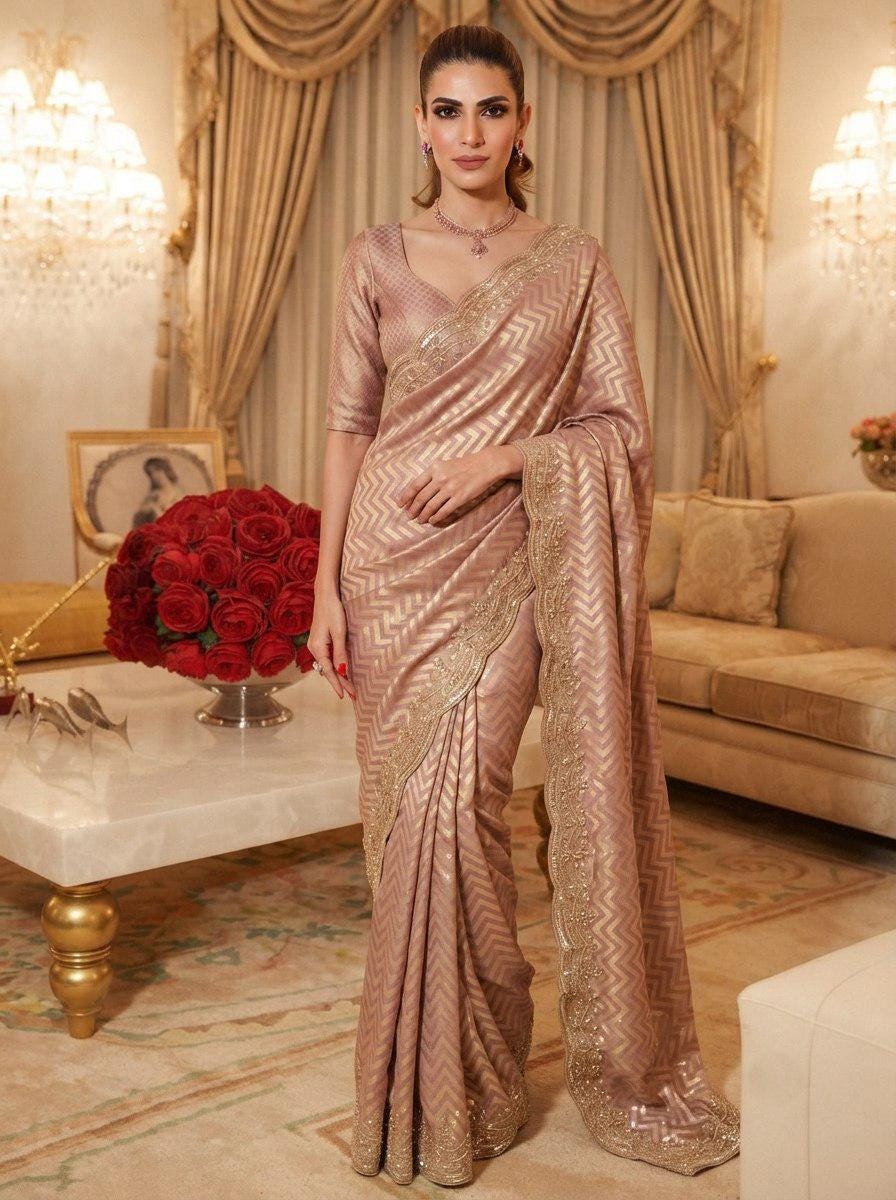Pure Kanjivaram Silk Saree | Hand Embroidered Wedding Saree with Cutdana, Beads, Sequins