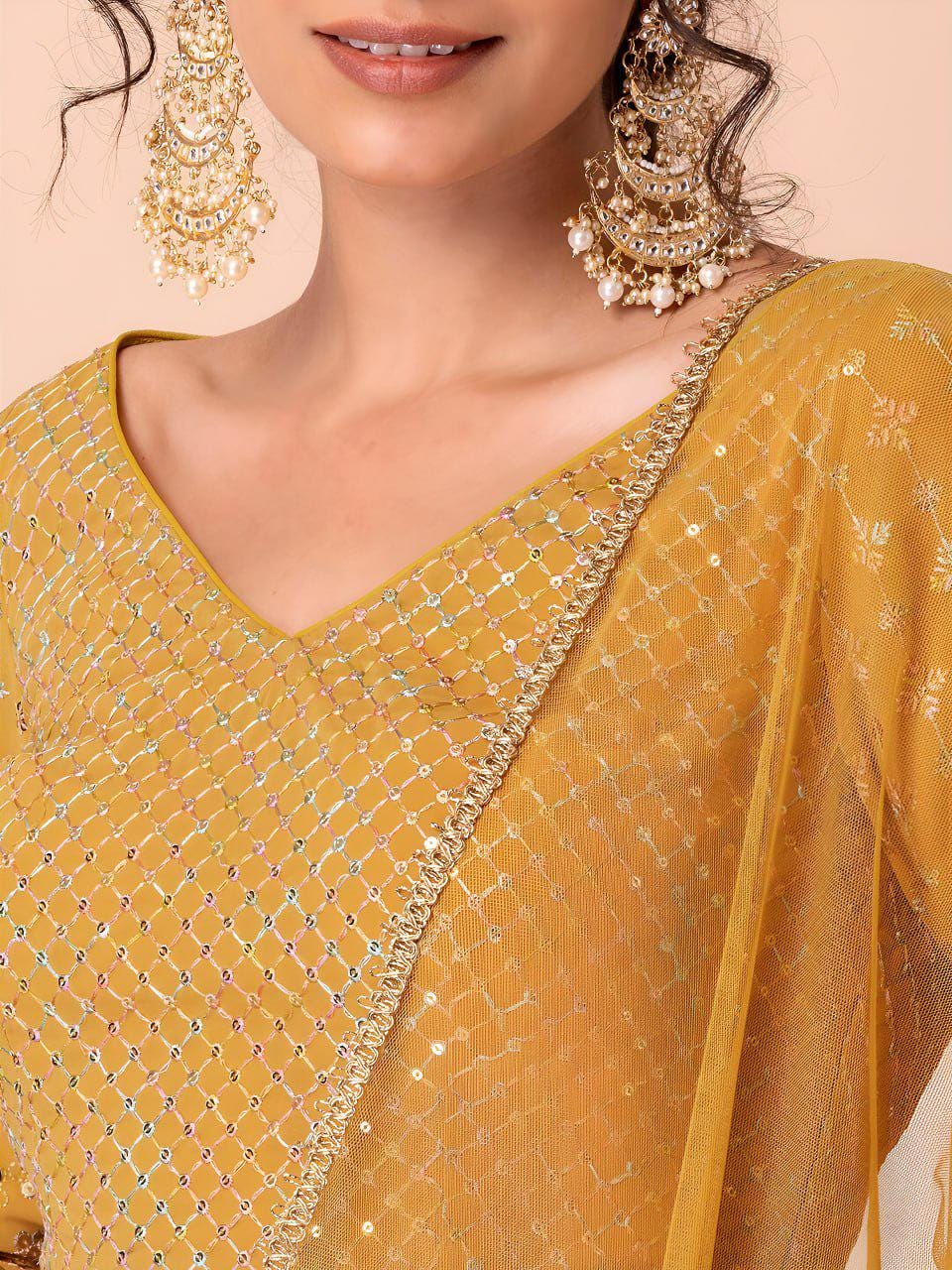 Mustard Yellow Heavy Georgette Lehenga Choli | Zari Sequin Embroidered Festive Wear Net Dupatta