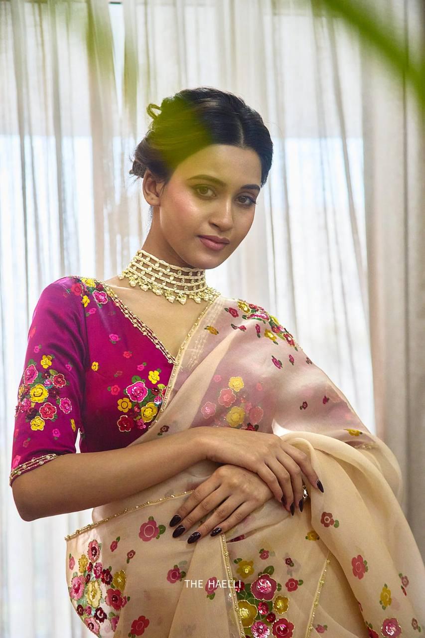 Soft Tabi Floral Print Saree with Cut Dana Handwork, Summer Party Wear Chinon Blouse