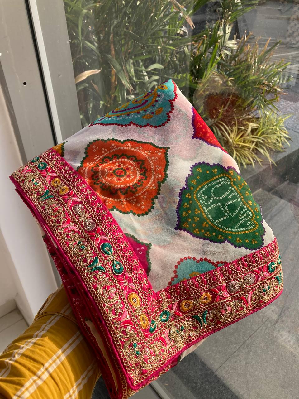 Rajwadi Bandhej Print Georgette Saree | Heavy Embroidered Lace Border, Silk Blouse Piece