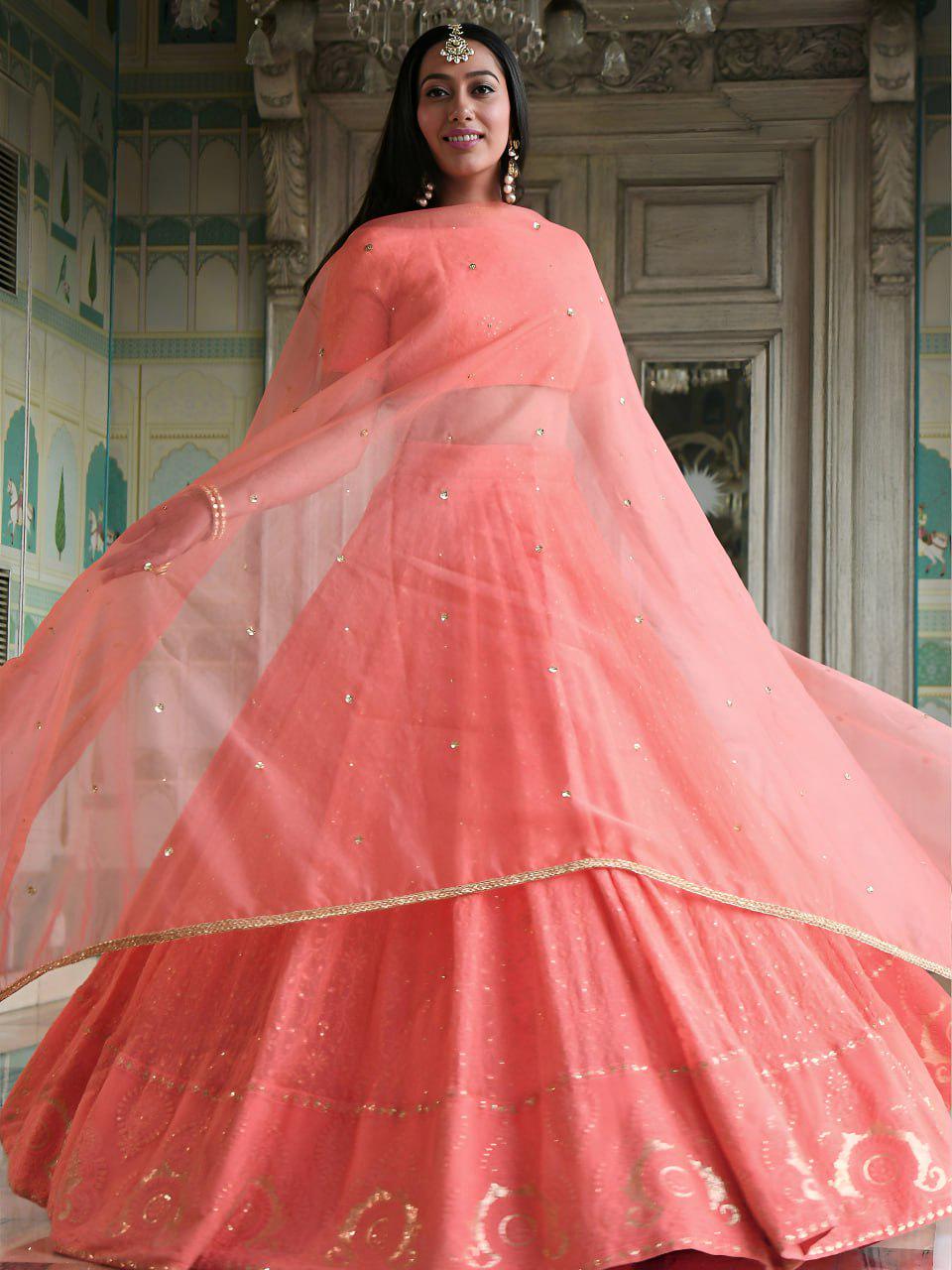 Peach Georgette Lehenga Choli Set | Thread Sequins Embroidered | Semi-Stitched Wedding Outfit