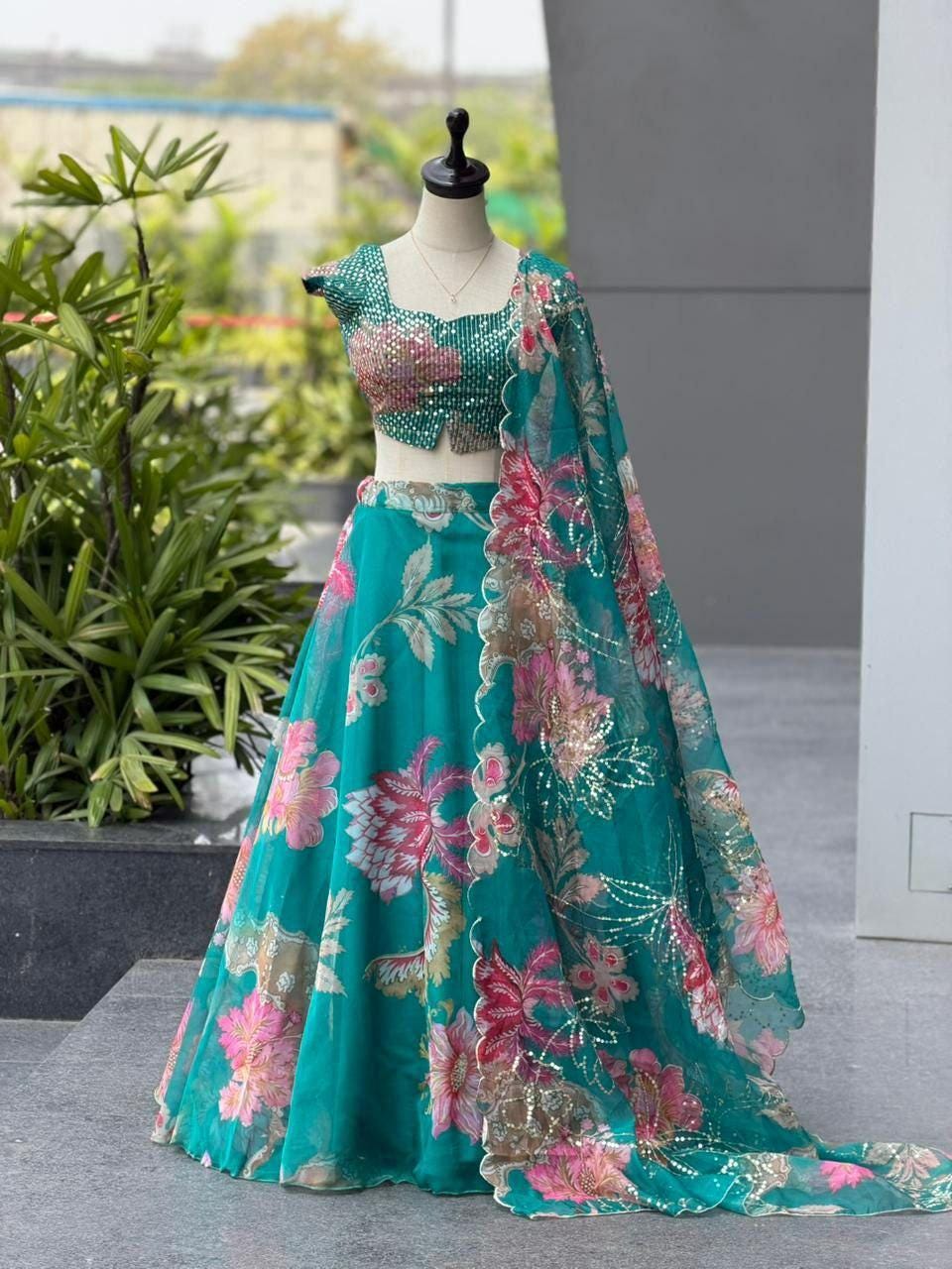 Pure Organza Digital Print Lehenga Choli Set | 8 Meter Flare, Sequins, Batwa Bag