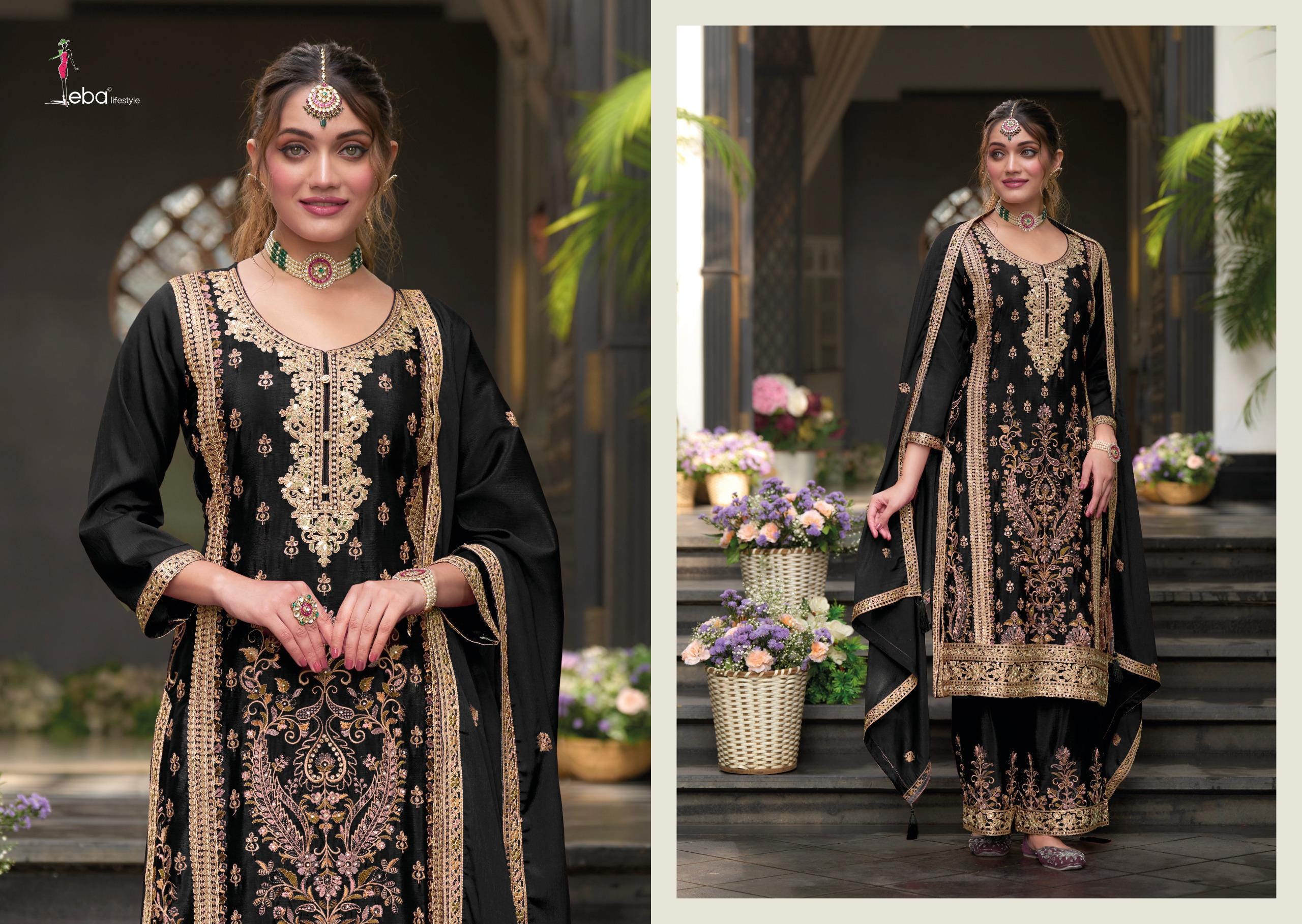 Embroidered Chinon Palazzo Suit Set with Dupatta, Festive Ethnic Party Wear