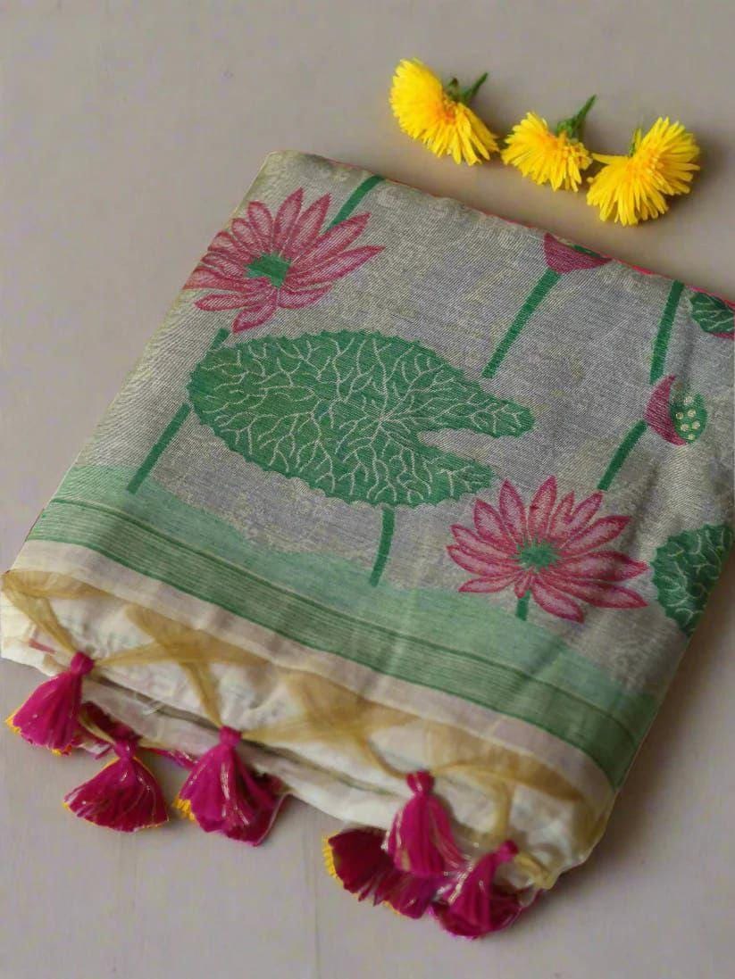 Muga Silk Saree, Floral Weaving, Pichwai Style Pallu, Contrast Blouse Piece