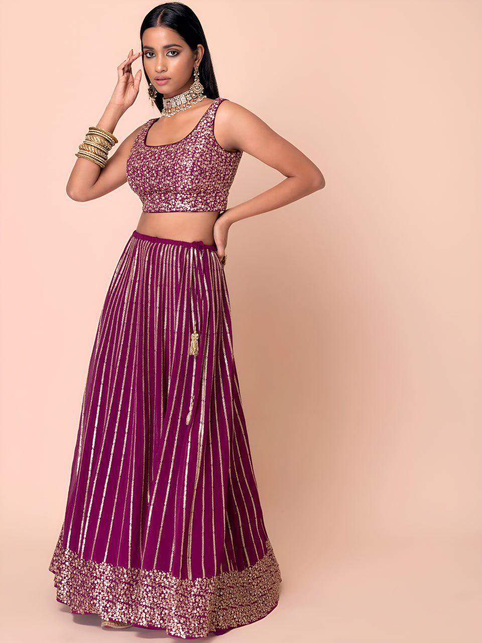 Wine Heavy Georgette Lehenga Choli | Zari Sequins Embroidered Wedding Outfit