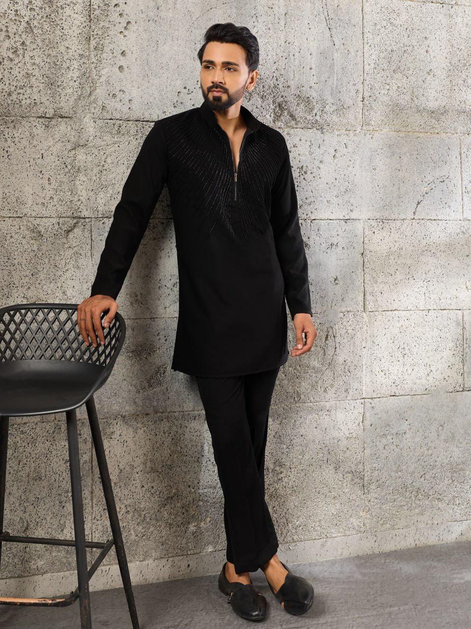 Men's Japanese Fabric Kurta Pant Set | Designer Beads Work Ethnic Wear