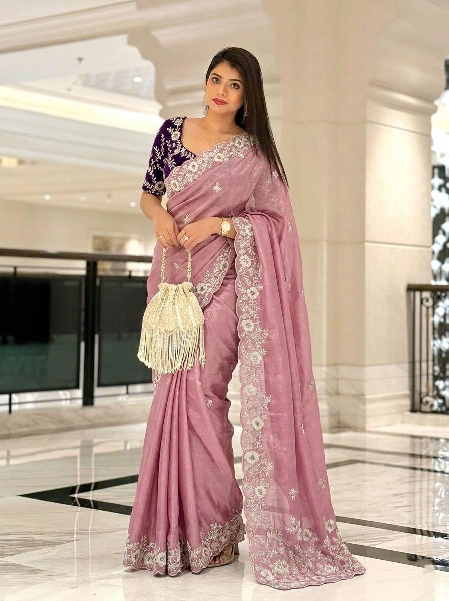 Pure Chinon Silk Saree | Cutwork Border, Heavy Embroidery Blouse Piece