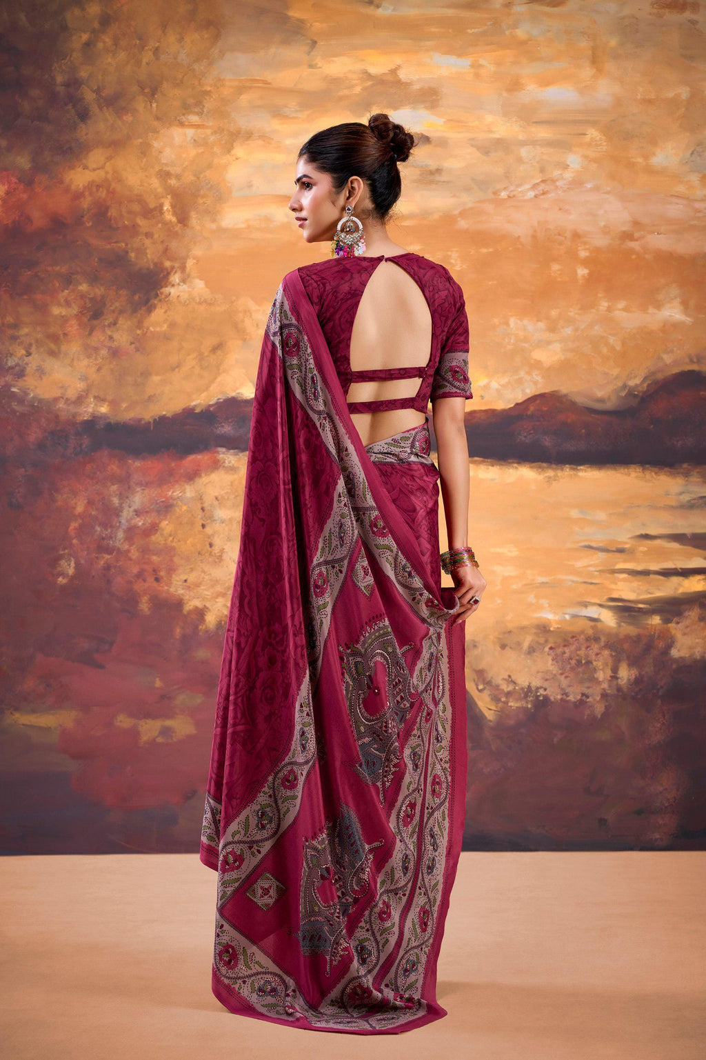 Crepe Printed Saree with Unstitched Blouse, Lightweight Festive Party Wear