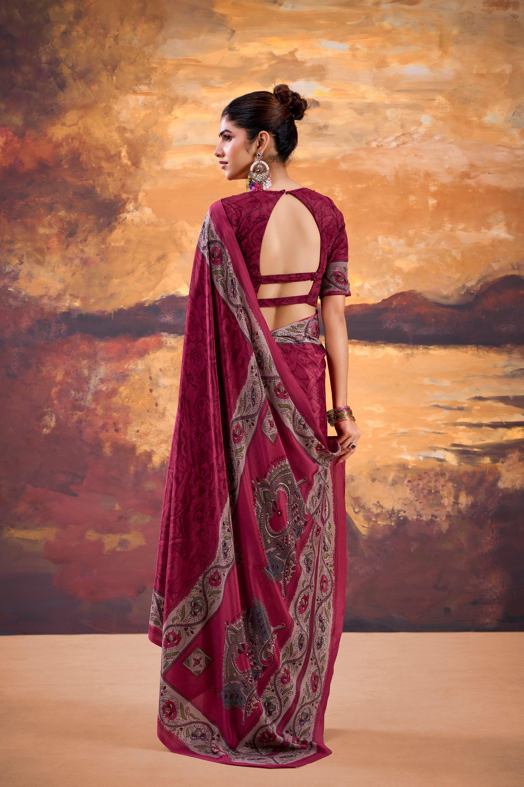 Crepe Printed Saree with Unstitched Blouse, Lightweight Festive Party Wear