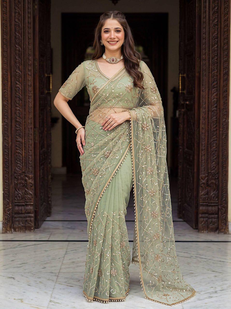 Designer Net Saree | Beads, Pearls, Sequins Embroidery | Party Wedding Wear (Unstitched Blouse)