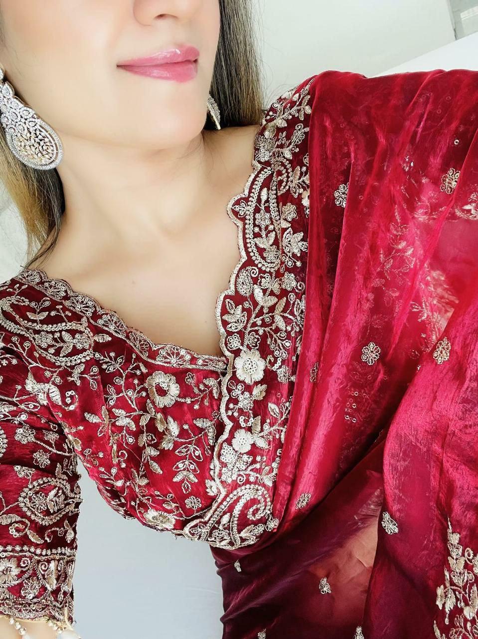 Fandy Satin Saree | Silver Zari Embroidery, Arco Cutwork Border, Wedding Guest Saree