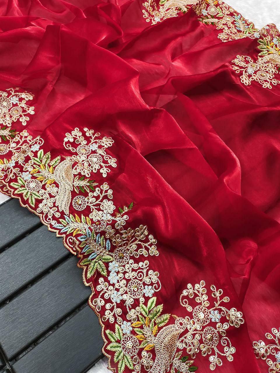 Pure Jimmy Choo Silk Saree, Coding Sequins Embroidery, Arc Cut Border, Wedding Party Wear