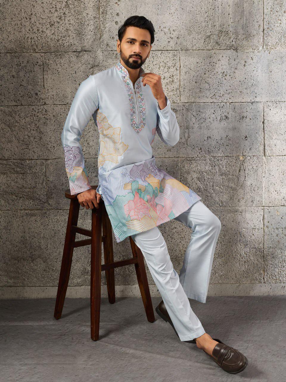 Men's Silk Kurta Pant Set | Thread Sequin Embroidery, Festive Wedding Ethnic Wear