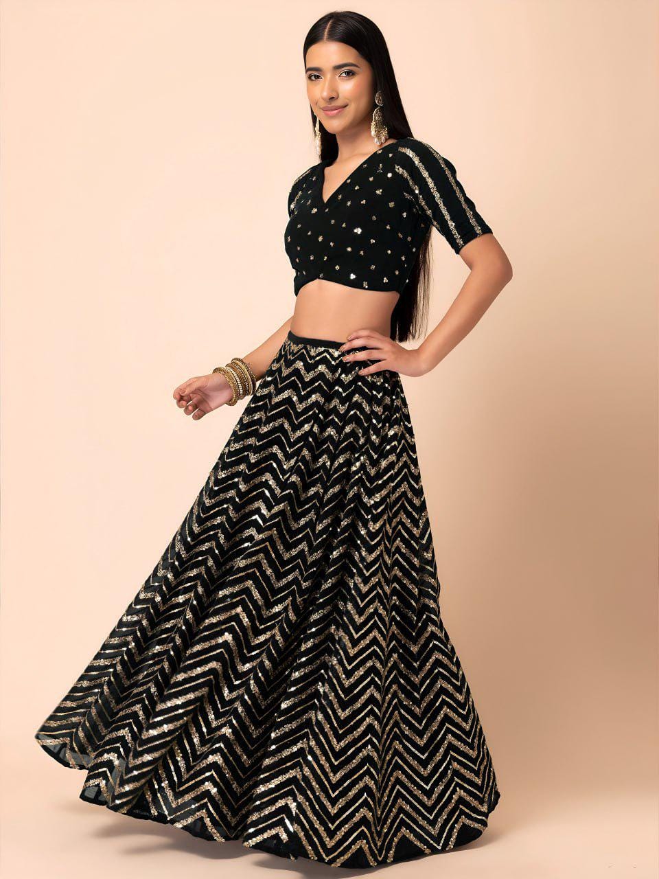 Black Georgette Lehenga Choli Set | Sequin Embroidered Wedding Party Wear (Semi-Stitched)
