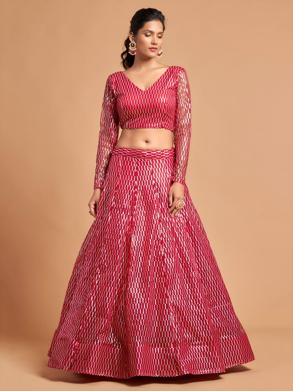 Pink Sequin Embroidered Lehenga Choli Set | Soft Net A-Line Wedding Party Wear