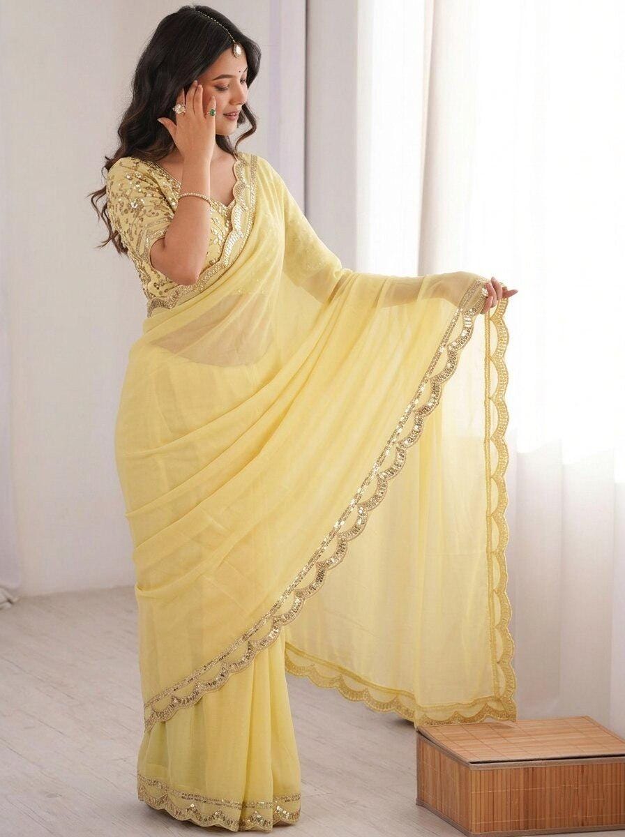 Moss Chiffon Saree with Sequins Lace Border | Embroidered Banglory Silk Blouse