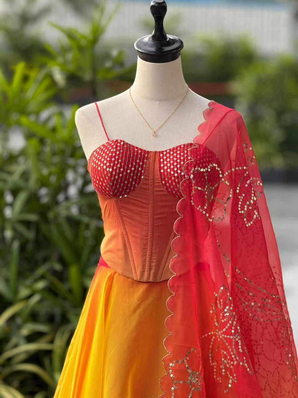 Pure Organza Lehenga Choli, Digital Print, Corset Blouse, 8 Meter Flair, Wedding Designer Set