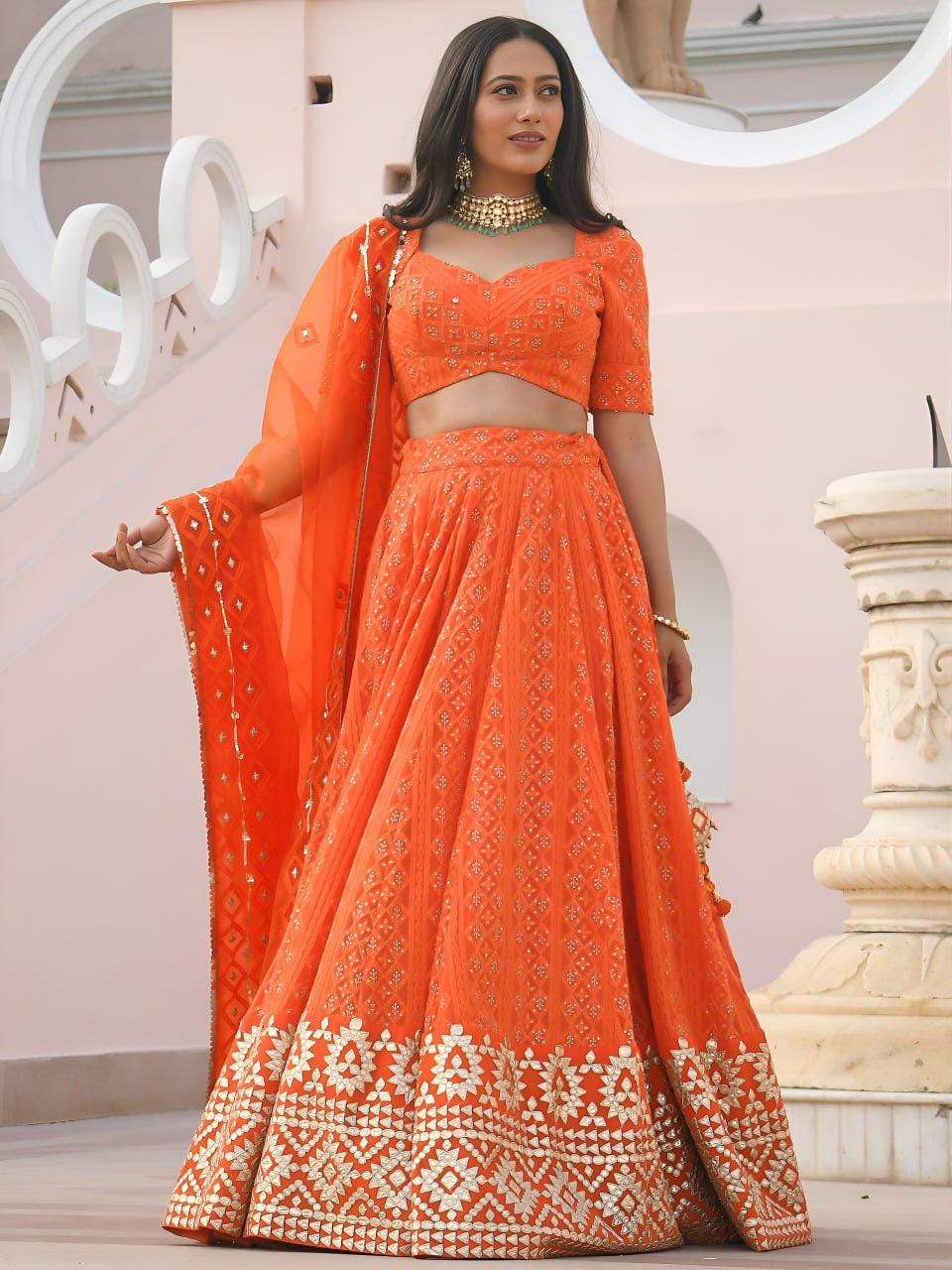 Orange Georgette Lehenga Choli Set | Embroidered Gottapatti, Sequins | Semi-Stitched Outfit, Organza Dupatta