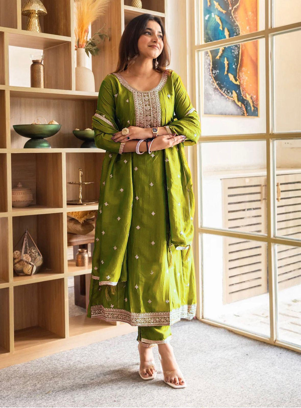 Embroidered Vichitra Silk Kurta Pant Set, 48 Inch Festive Ethnic Wear (M-3XL)