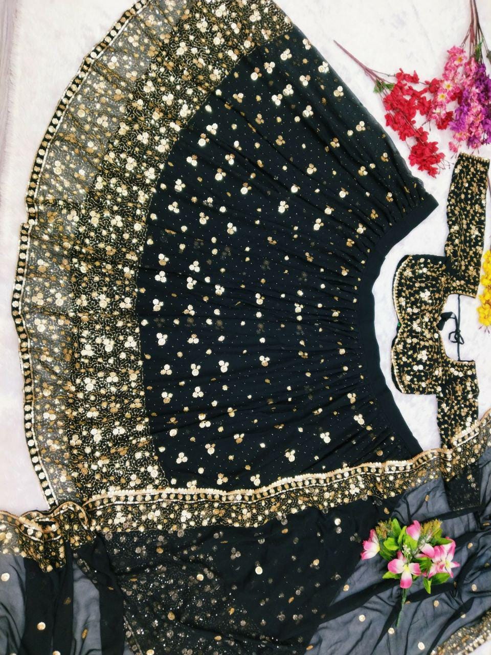 Georgette Lehenga Choli Set, Embroidery Sequins Hand Diamond Work, Semi Stitched Dupatta