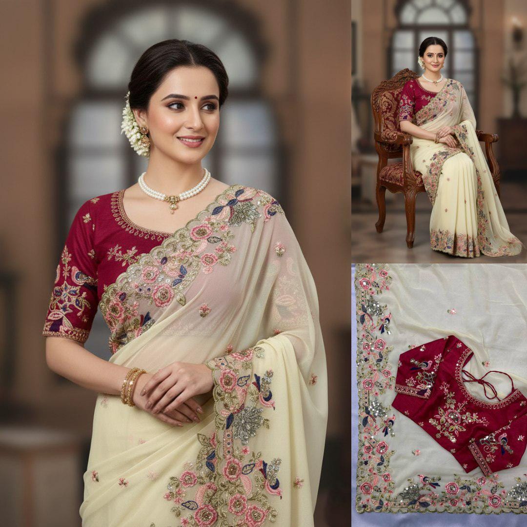 Embroidered Georgette Saree, Cutwork Border, Heavy Blouse, C-Pallu Wedding Wear