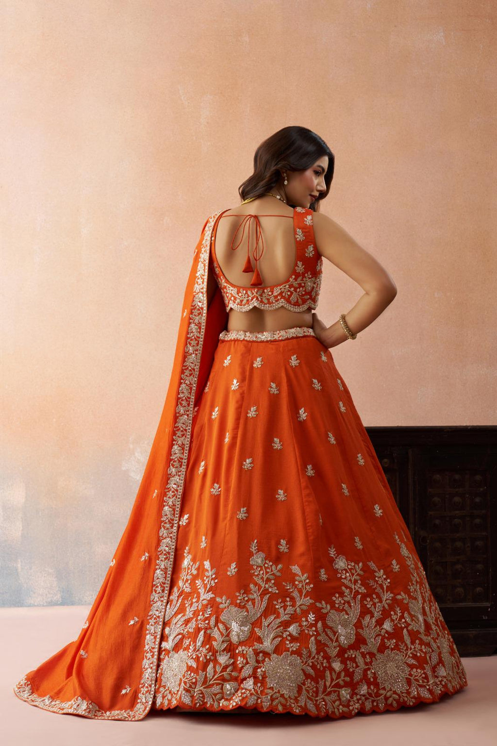 Olive Tissue Lehenga Choli Set, Sequins Zari Embroidery, Bridal Party Wear