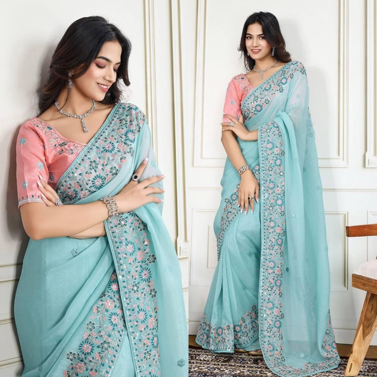 Crunchy Silk Saree, C-Pallu Embroidery, Cutwork Border, Heavy Blouse Piece