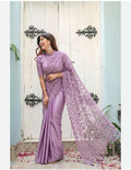 Lavender Purple Satin Silk Saree | Floral Embroidered Net Pallu, Party Wear, Unstitched Blouse
