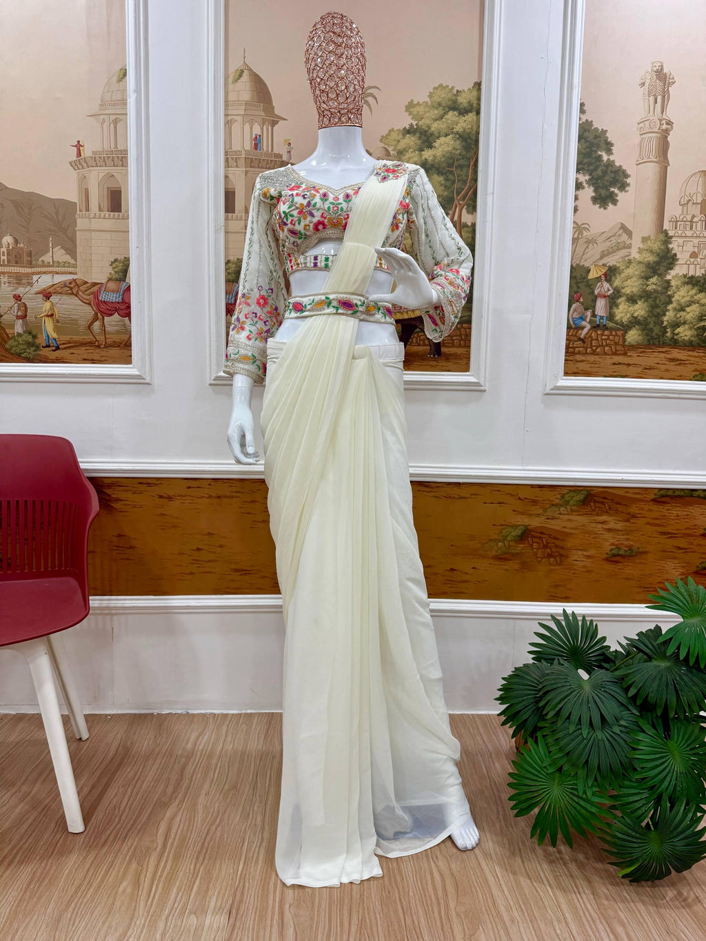 Ready to Wear Faux Georgette Saree with Embroidered Blouse, Hand Work Ethnic Outfit