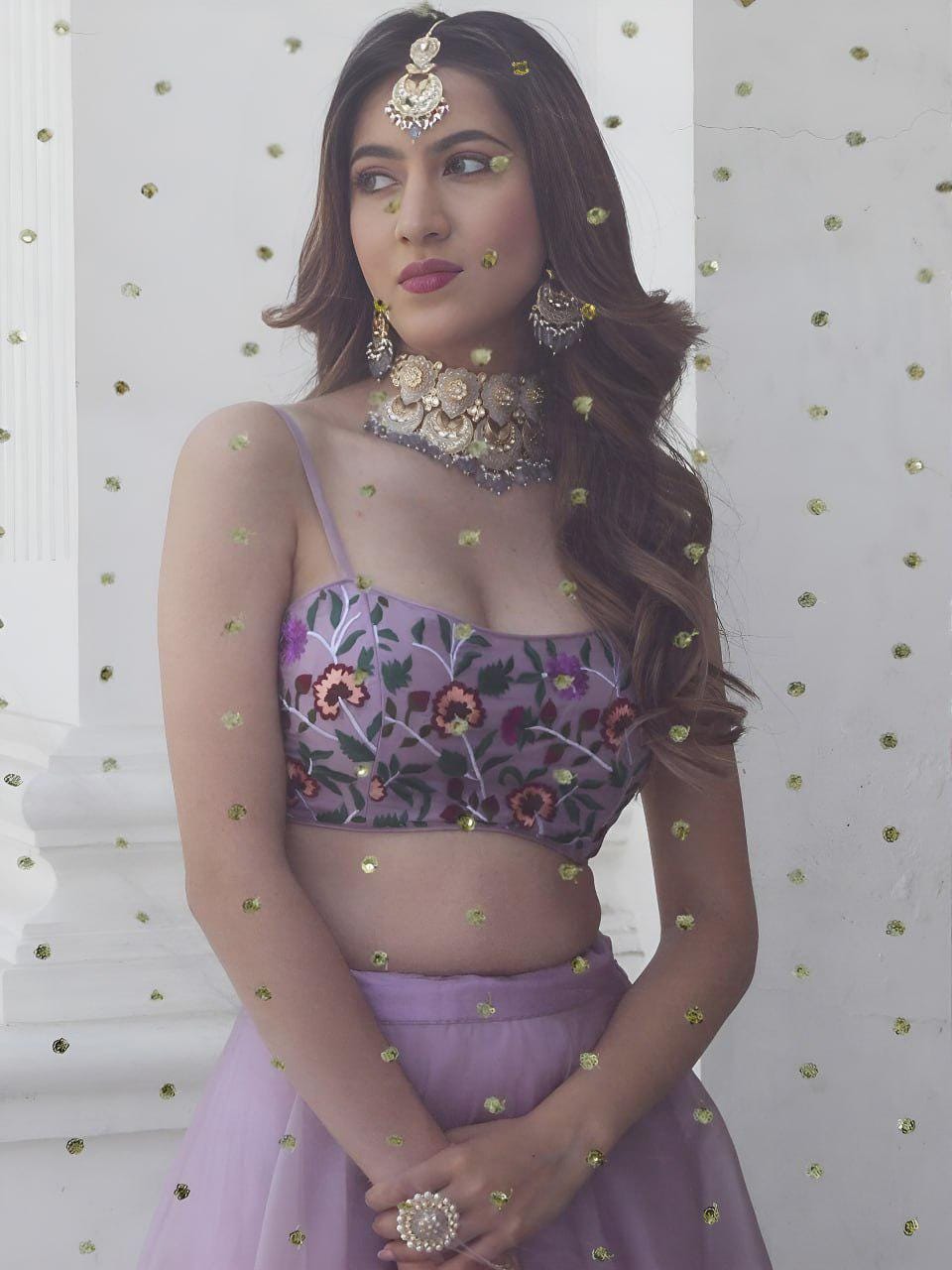 Lavender Organza Lehenga Choli, Floral Embroidered Blouse, Gota Patti Dupatta, Wedding Set