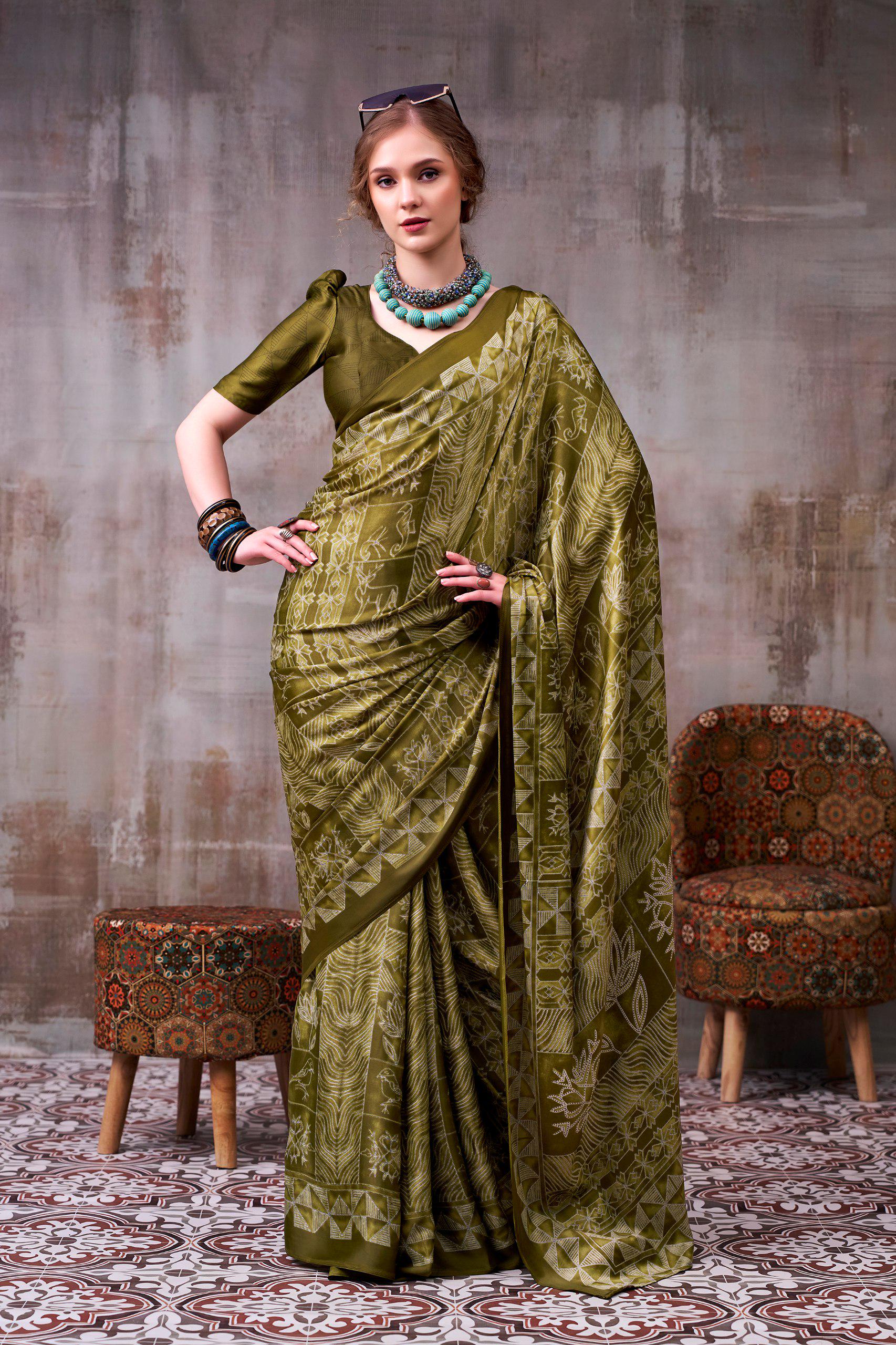 Satin Silk Printed Saree with Unstitched Blouse, Elegant Indian Festive Wear