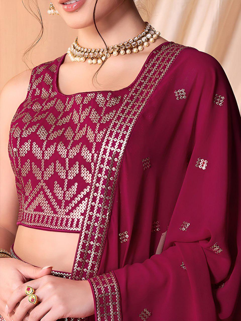 Ruby Pink Georgette Lehenga Choli Set | Sequin Embroidered Wedding Party Wear (Semi-Stitched)