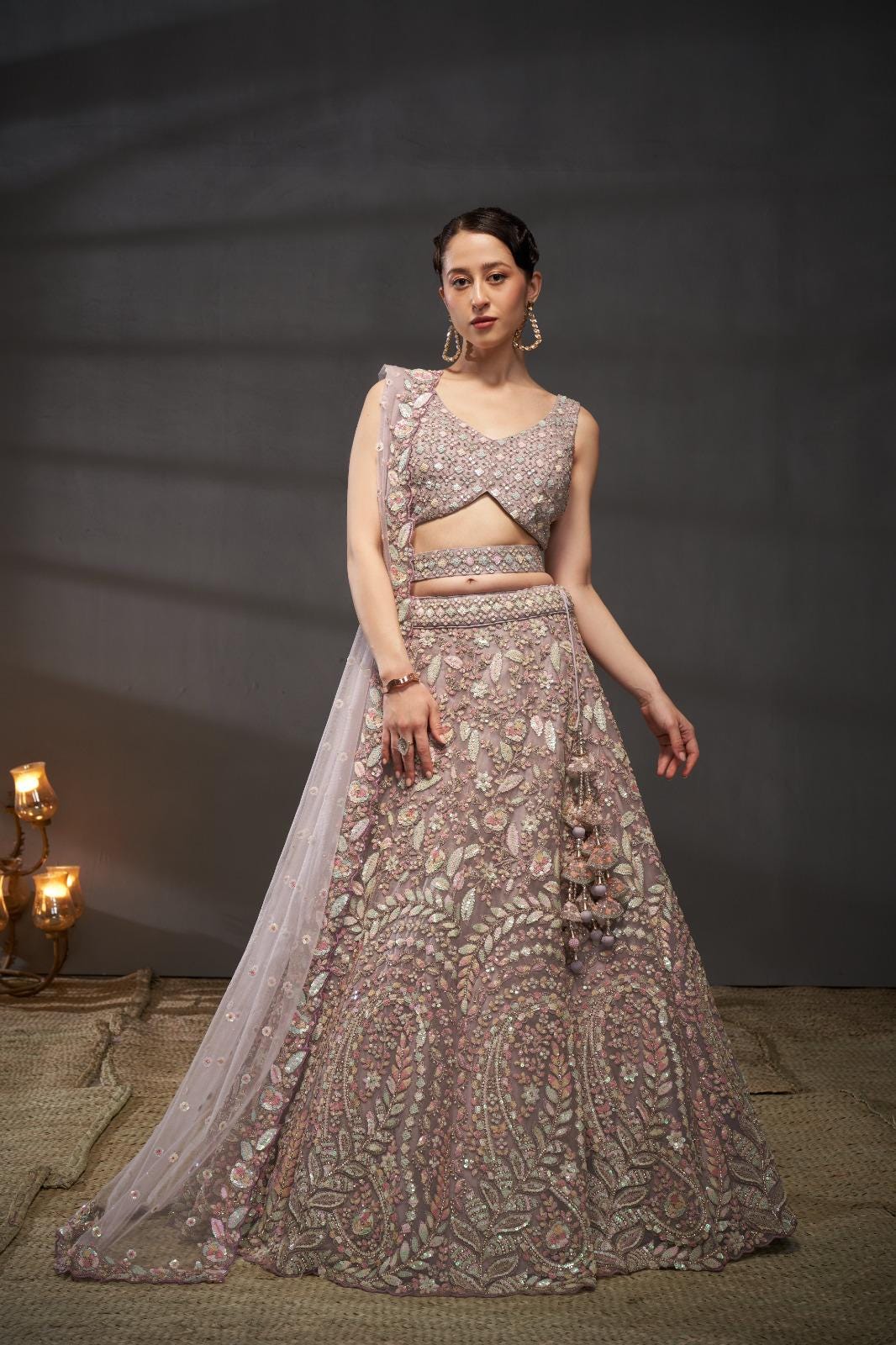 Cream Net Lehenga Choli Set | Multicolor Sequins Zarkan Embroidery, Bridal Wear