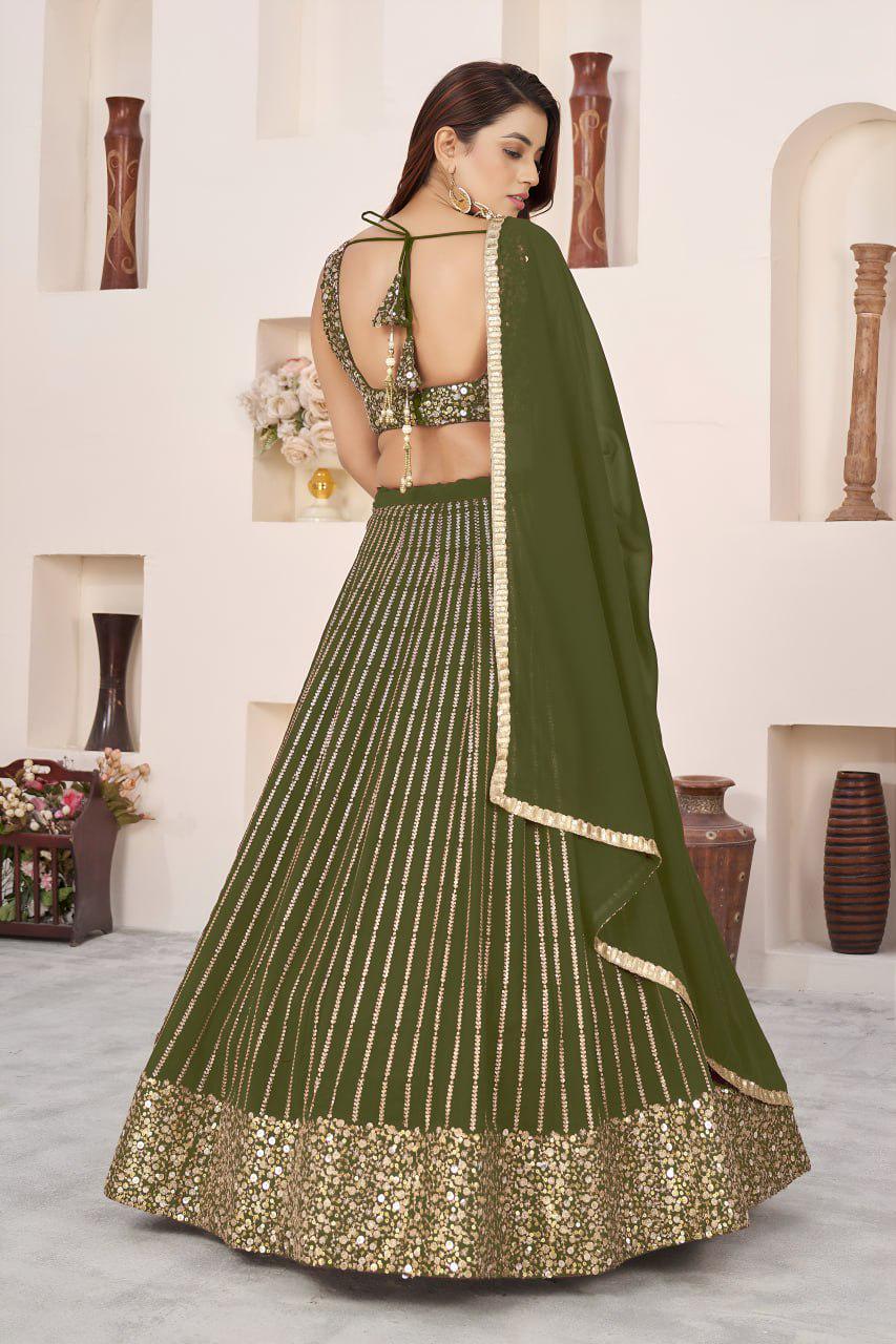 Olive Green Georgette Lehenga Choli Set | Zari Sequins Embroidery, Semi-Stitched A-Line