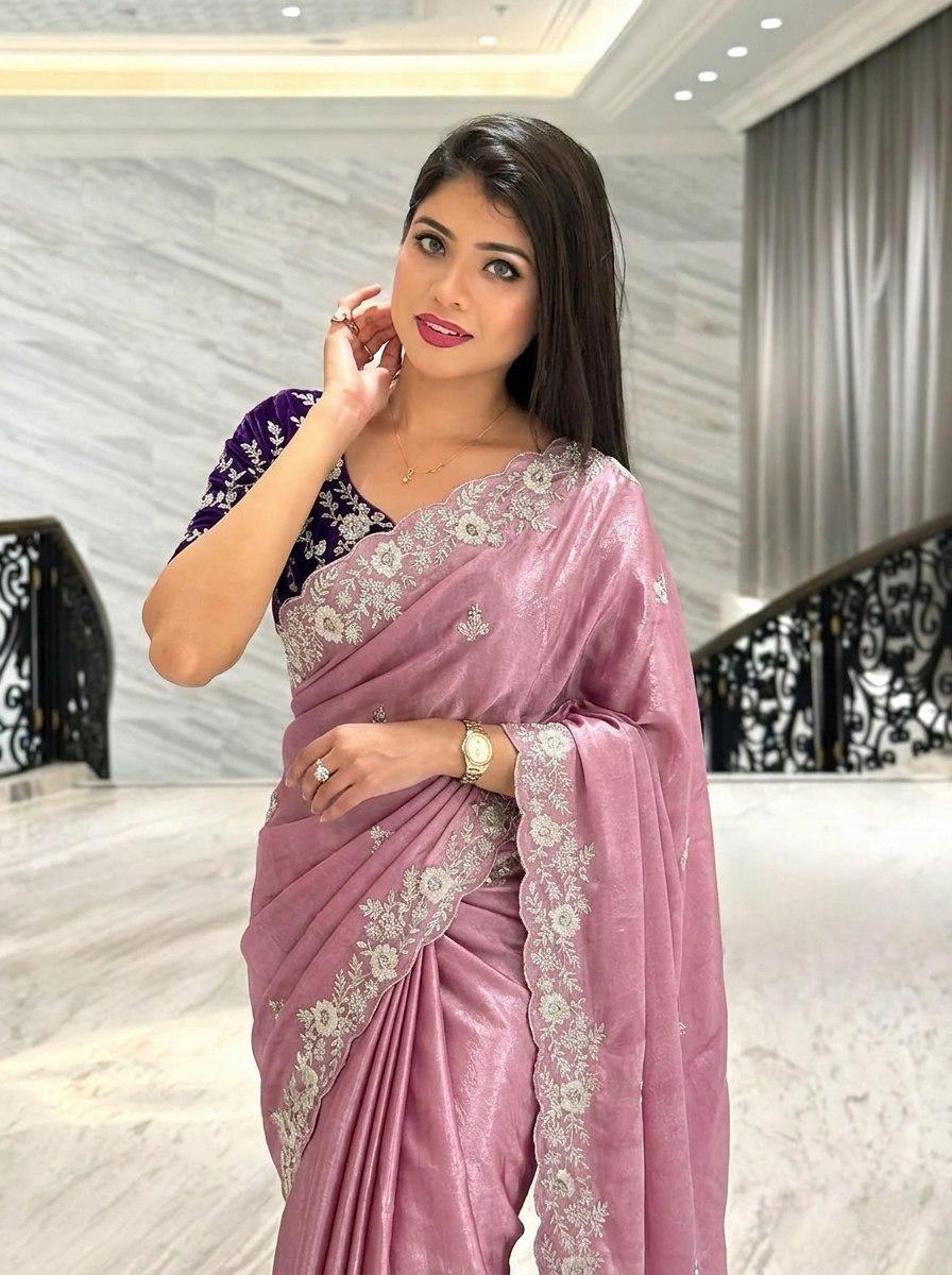 Pure Chinon Silk Saree | Cutwork Border, Heavy Embroidery Blouse Piece