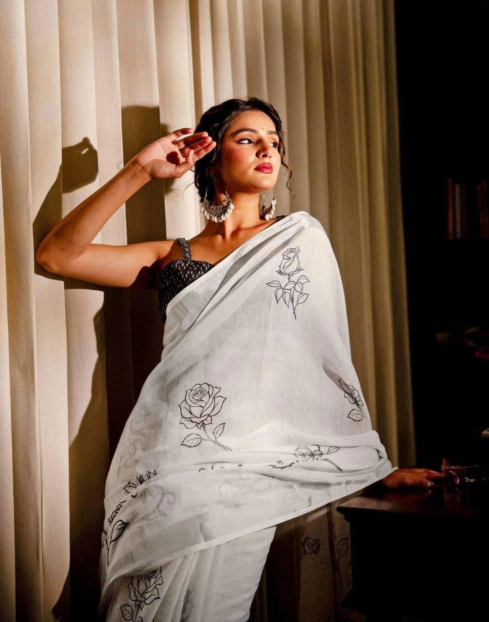 White Floral Linen Cotton Saree | Lightweight Casual Ethnic Wear
